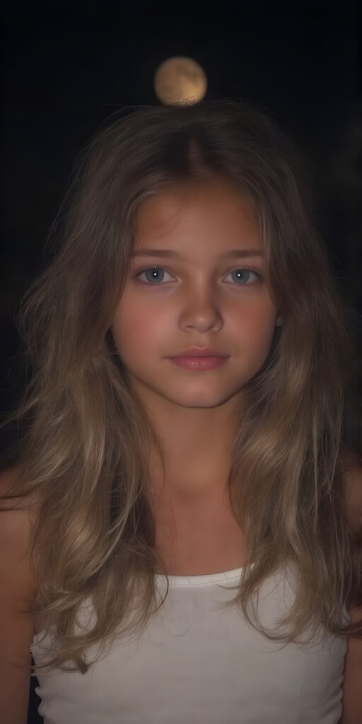 this young girl has beautiful long soft wavy hair, it falls over her shoulders and has a silky sheen, she wears a white cropped fitted tank top, round face, full lips, beautiful eyes, night with moonlight