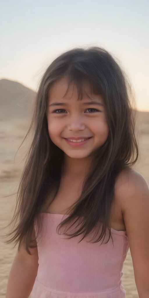 this young girl radiates pure happiness, she has long soft black shiny straight silky hair, standing in a sandy dessert and wearing a thin short cropped summer dress that perfectly emphasizes her perfect curved body. Warm rays of sunshine kiss her body, stunning, gorgeous, detailed, beautiful colored sunset in the backdrop
