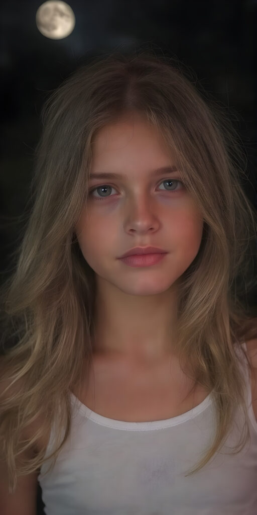 this young girl has beautiful long soft wavy hair, it falls over her shoulders and has a silky sheen, she wears a white cropped fitted tank top, round face, full lips, beautiful eyes, night with moonlight