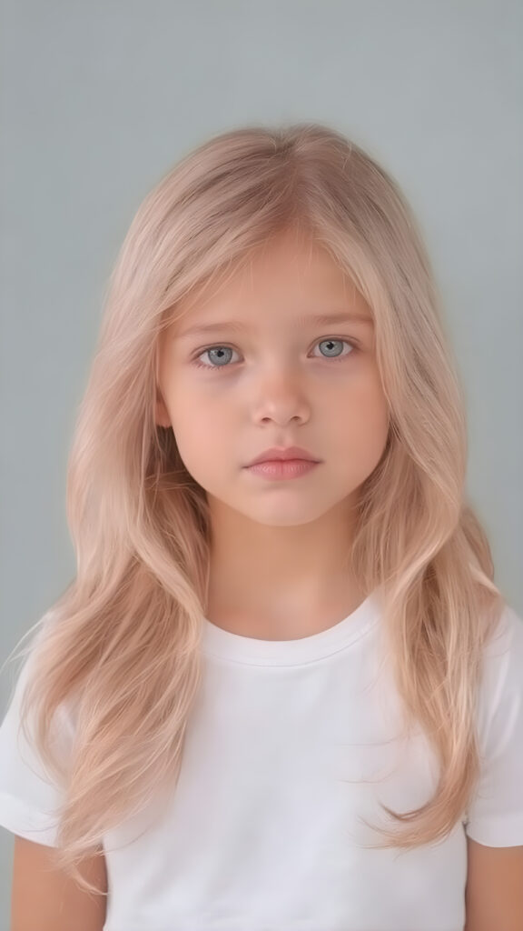 this young girl has beautiful long soft pink wavy hair, it falls over her shoulders and has a silky sheen, light green eyes, she wears a white cropped t-shirt, round face, full lips, beautiful eyes, all against a plain grey backdrop
