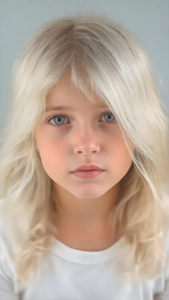 this young girl has beautiful long soft platinum blond wavy hair, it falls over her shoulders and has a silky sheen, light green eyes, she wears a white cropped t-shirt, round face, full lips, beautiful eyes, all against a plain grey backdrop