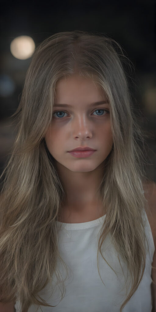 this young girl has beautiful long soft wavy hair, it falls over her shoulders and has a silky sheen, she wears a white cropped fitted tank top, round face, full lips, beautiful eyes, night with moonlight