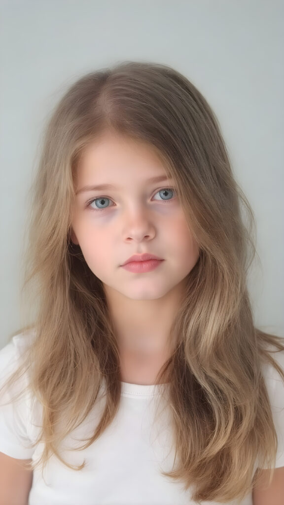 this young girl has beautiful long soft brown wavy hair, it falls over her shoulders and has a silky sheen, she wears a white cropped t-shirt, round face, full lips, beautiful eyes, all against a plain grey backdrop