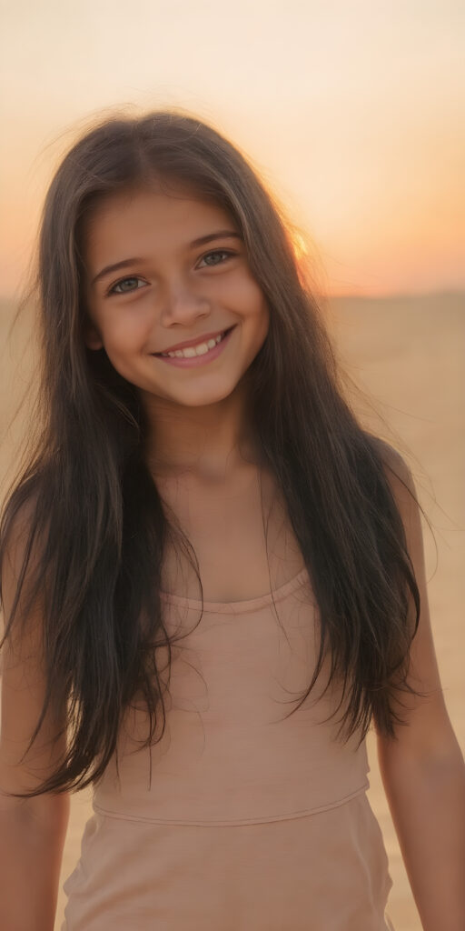this young girl radiates pure happiness, she has long soft black shiny straight silky hair, standing in a sandy dessert and wearing a thin short cropped summer dress that perfectly emphasizes her perfect curved body. Warm rays of sunshine kiss her body, stunning, gorgeous, detailed, beautiful colored sunset in the backdrop