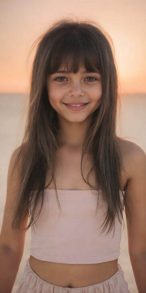 this young girl radiates pure happiness, she has long soft black shiny straight silky hair, standing in a sandy dessert and wearing a thin short cropped summer dress that perfectly emphasizes her perfect curved body. Warm rays of sunshine kiss her body, stunning, gorgeous, detailed, beautiful colored sunset in the backdrop