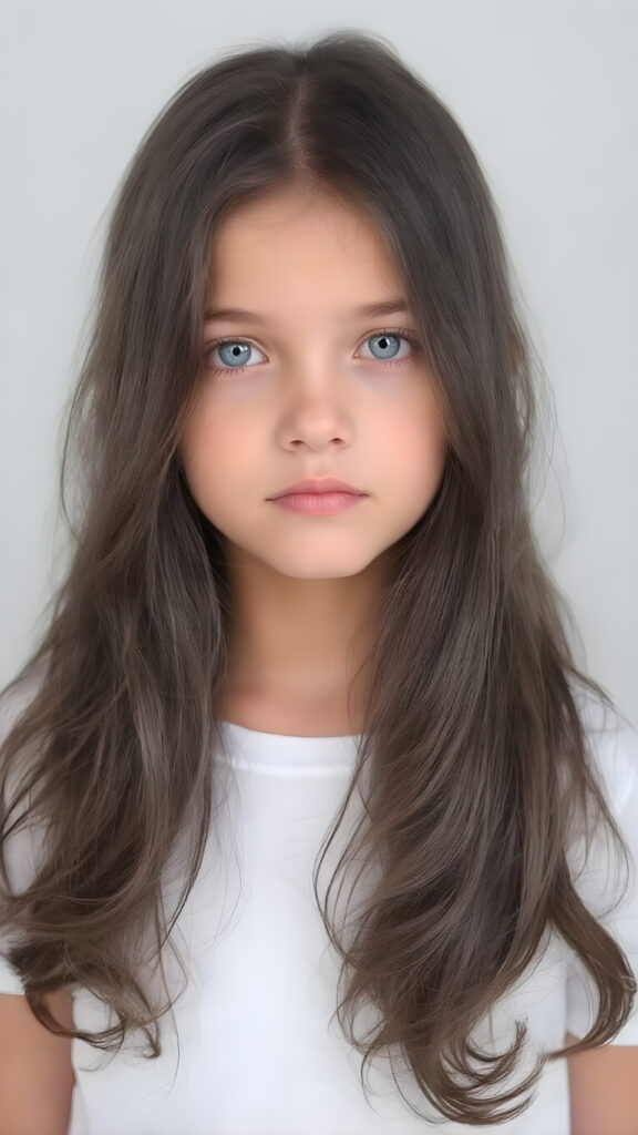 this young girl has beautiful long soft obsidian black wavy hair, it falls over her shoulders and has a silky sheen, light blue eyes, she wears a white cropped t-shirt, round face, full lips, beautiful eyes, all against a plain grey backdrop