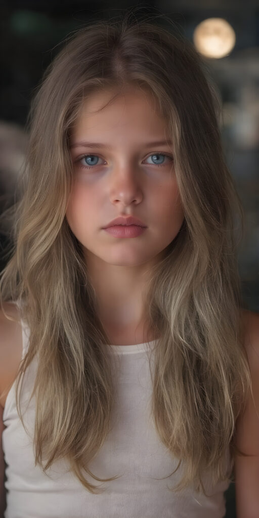 this young girl has beautiful long soft wavy hair, it falls over her shoulders and has a silky sheen, she wears a white cropped fitted tank top, round face, full lips, beautiful eyes, night with moonlight