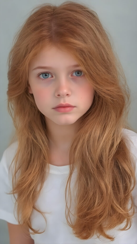 this young girl has beautiful long soft red wavy hair, it falls over her shoulders and has a silky sheen, brown eyes, she wears a white cropped t-shirt, round face, full lips, beautiful eyes, all against a plain grey backdrop