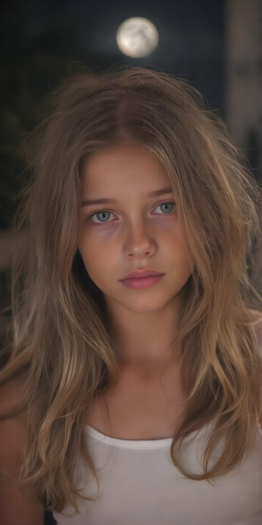 this young girl has beautiful long soft wavy hair, it falls over her shoulders and has a silky sheen, she wears a white cropped fitted tank top, round face, full lips, beautiful eyes, night with moonlight