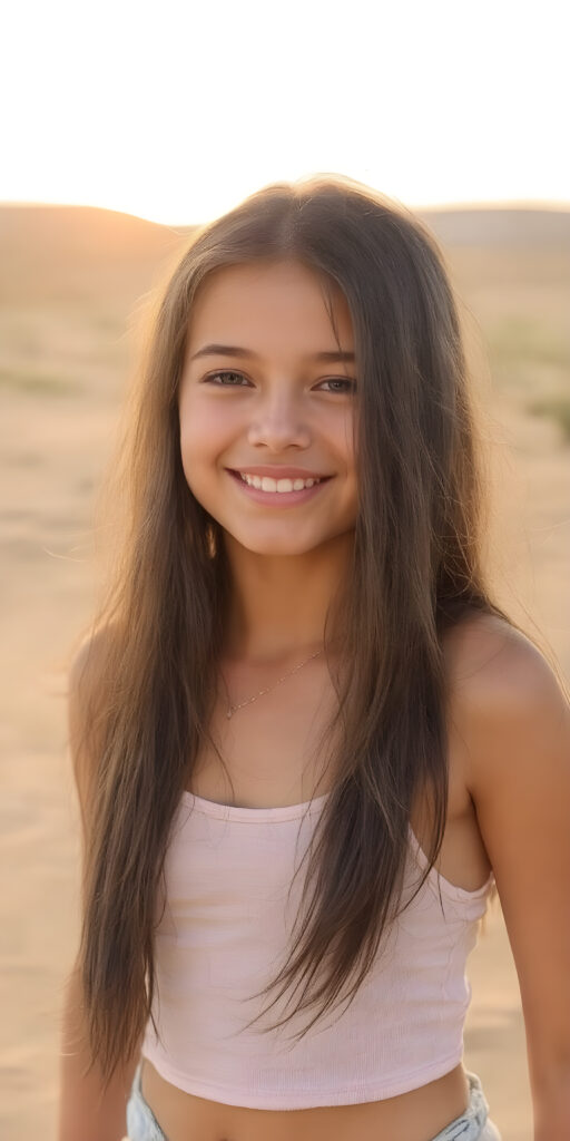 this young girl radiates pure happiness, she has long soft black shiny straight silky hair, standing in a sandy dessert and wearing a thin short cropped summer dress that perfectly emphasizes her perfect curved body. Warm rays of sunshine kiss her body, stunning, gorgeous, detailed, beautiful colored sunset in the backdrop
