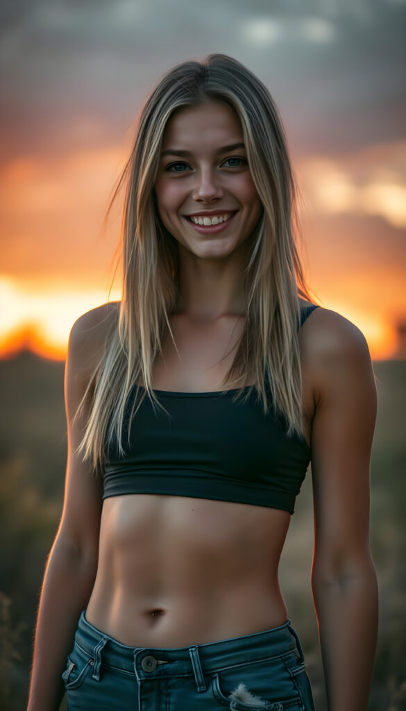 ((tomboy)), ((gorgeous)), ((stunning)), ((fit body)), ((very pretty teen girl)), straight blond hair, perfect realistic body, (((low-cut) fitness crop top)), ((tattered shorts)), sunset in the background, smile very happy