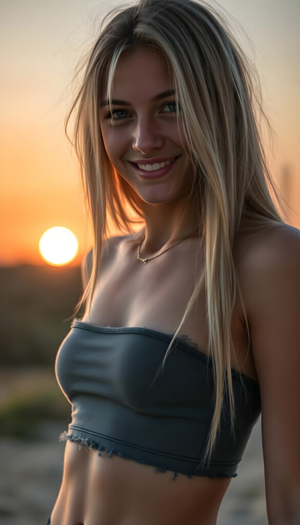 ((tomboy)), ((gorgeous)), ((stunning)), ((fit body)), ((very pretty teen girl)), straight blond hair, perfect realistic body, (((low-cut) fitness crop top)), ((tattered shorts)), sunset in the background, smile very happy