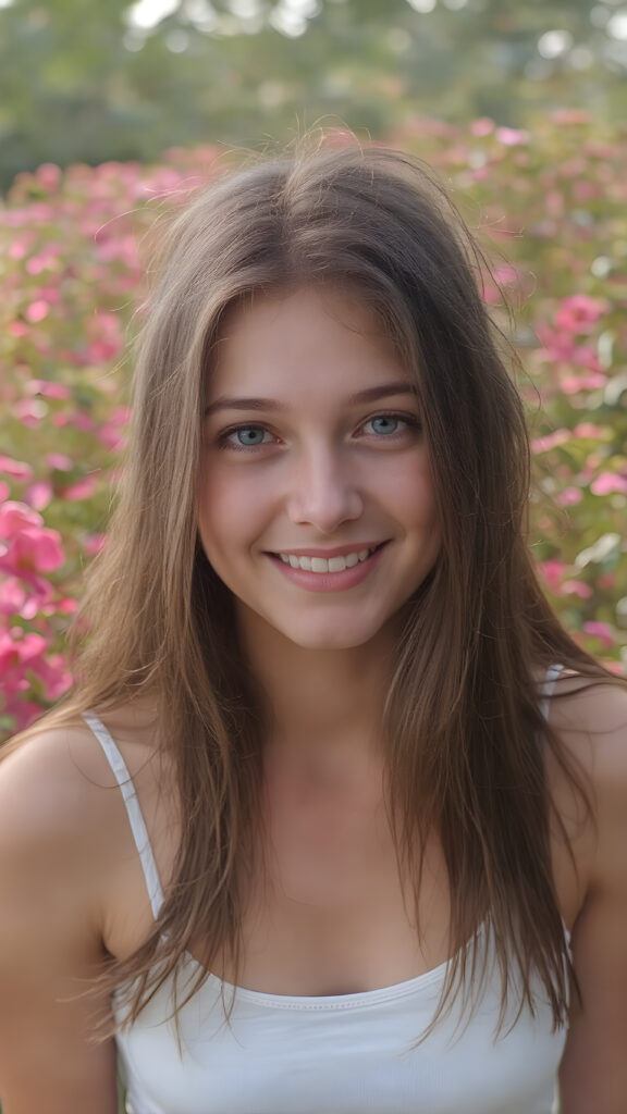 ultra-realistic portrait of a smiling teenage girl, long brown straight soft hair, green eyes, light freckles, wearing a white lifted sport spaghetti tank top, standing in a blooming flower field, soft natural sunlight, 4k, shallow depth of field