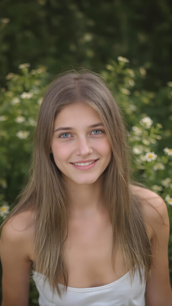 ultra-realistic portrait of a smiling teenage girl, long brown straight soft hair, green eyes, light freckles, wearing a white lifted sport spaghetti tank top, standing in a blooming flower field, soft natural sunlight, 4k, shallow depth of field