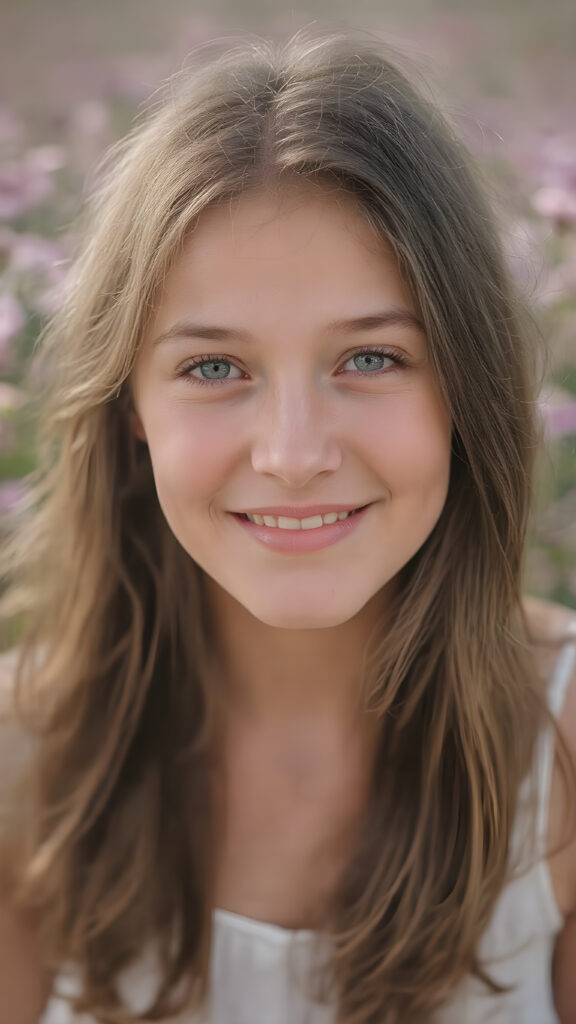 ultra-realistic portrait of a smiling teenage girl, long brown hair, green eyes, light freckles, wearing a white summer dress, standing in a blooming flower field, soft natural sunlight, 4k, shallow depth of field