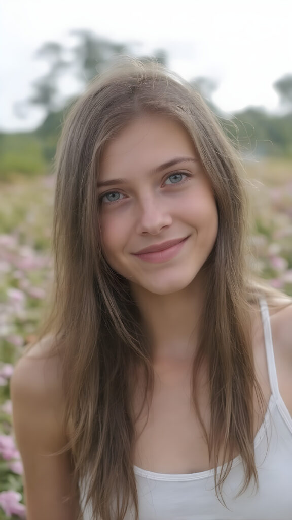 ultra-realistic portrait of a smiling teenage girl, long brown straight soft hair, green eyes, light freckles, wearing a white lifted sport spaghetti tank top, standing in a blooming flower field, soft natural sunlight, 4k, shallow depth of field
