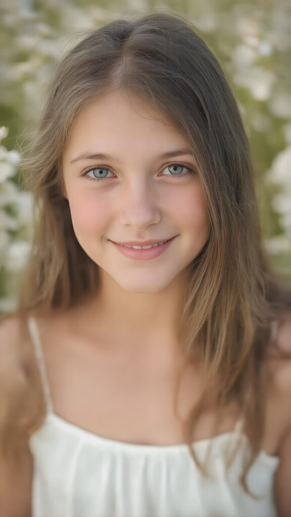 ultra-realistic portrait of a smiling teenage girl, long brown hair, green eyes, light freckles, wearing a white summer dress, standing in a blooming flower field, soft natural sunlight, 4k, shallow depth of field