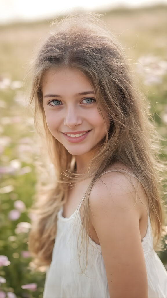 ultra-realistic portrait of a smiling teenage girl, long brown hair, green eyes, light freckles, wearing a white summer dress, standing in a blooming flower field, soft natural sunlight, 4k, shallow depth of field