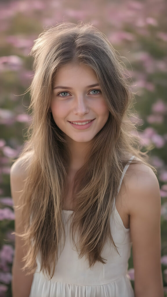ultra-realistic portrait of a smiling teenage girl, long brown hair, green eyes, light freckles, wearing a white summer dress, standing in a blooming flower field, soft natural sunlight, 4k, shallow depth of field