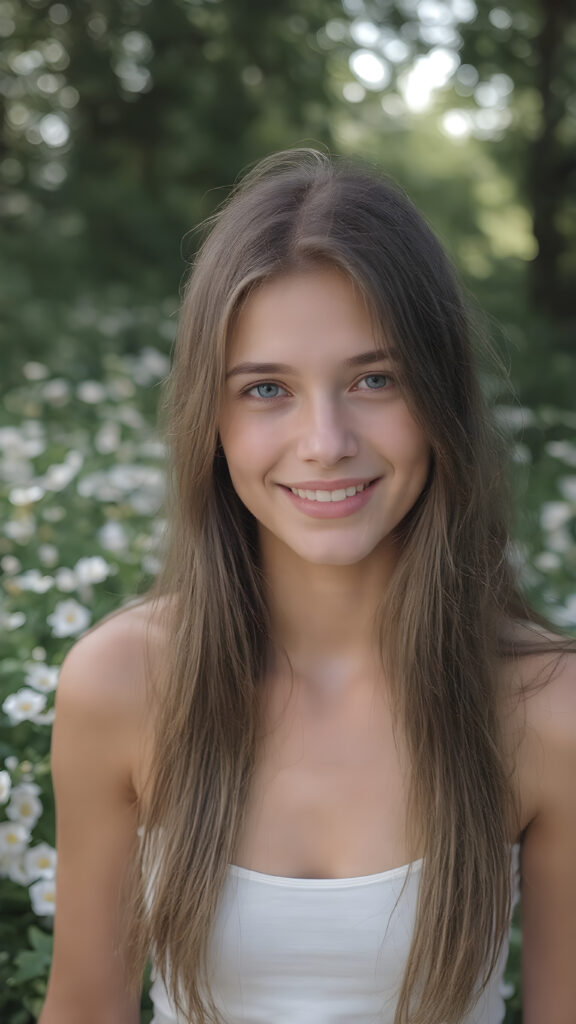 ultra-realistic portrait of a smiling teenage girl, long brown straight soft hair, green eyes, light freckles, wearing a white lifted sport spaghetti tank top, standing in a blooming flower field, soft natural sunlight, 4k, shallow depth of field