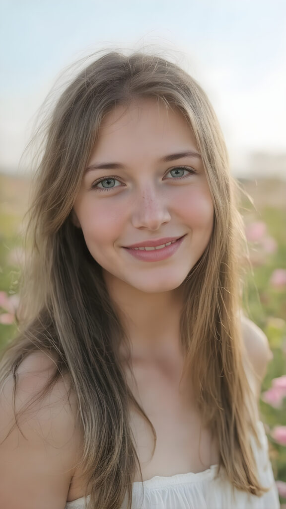 ultra-realistic portrait of a smiling teenage girl, long brown hair, green eyes, light freckles, wearing a white summer dress, standing in a blooming flower field, soft natural sunlight, 4k, shallow depth of field