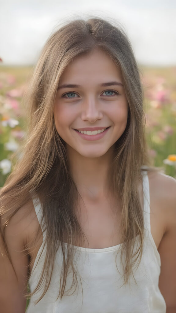ultra-realistic portrait of a smiling teenage girl, long brown hair, green eyes, light freckles, wearing a white summer dress, standing in a blooming flower field, soft natural sunlight, 4k, shallow depth of field