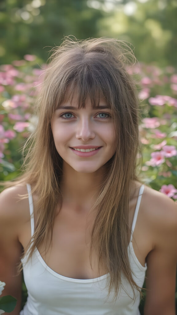 ultra-realistic portrait of a smiling teenage girl, long brown straight soft hair, green eyes, light freckles, wearing a white lifted sport spaghetti tank top, standing in a blooming flower field, soft natural sunlight, 4k, shallow depth of field