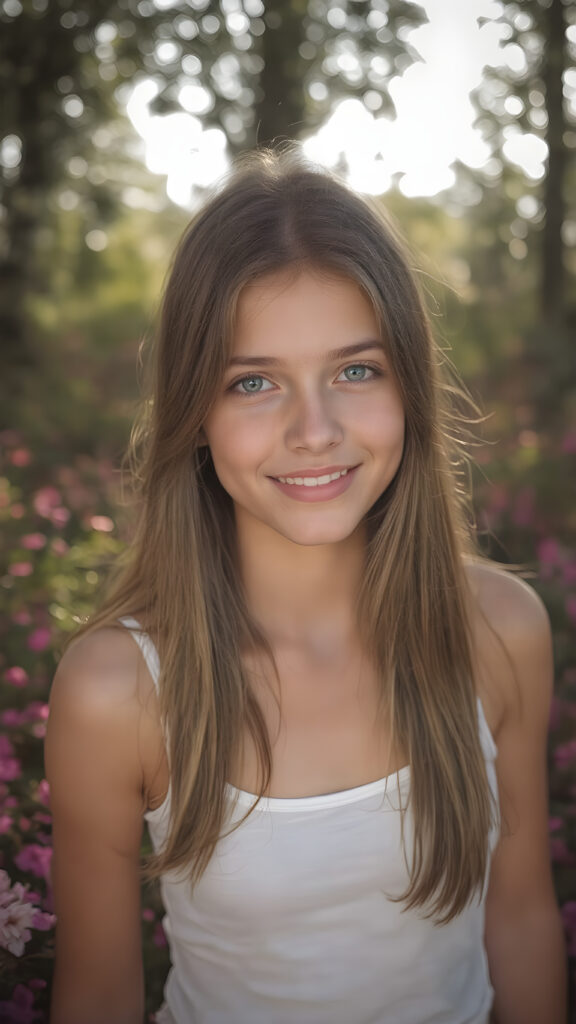 ultra-realistic portrait of a smiling teenage girl, long brown straight soft hair, green eyes, light freckles, wearing a white lifted sport spaghetti tank top, standing in a blooming flower field, soft natural sunlight, 4k, shallow depth of field