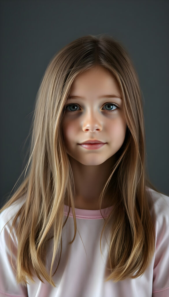 upper body 1:3 portrait from a young stunning nerd girl with long, wavy hazelnut hair, same length left and right, standing in front. The girl is wearing a flowing, colorful thin high cut t-shirt and a round long skirt. Empty grey backdrop.