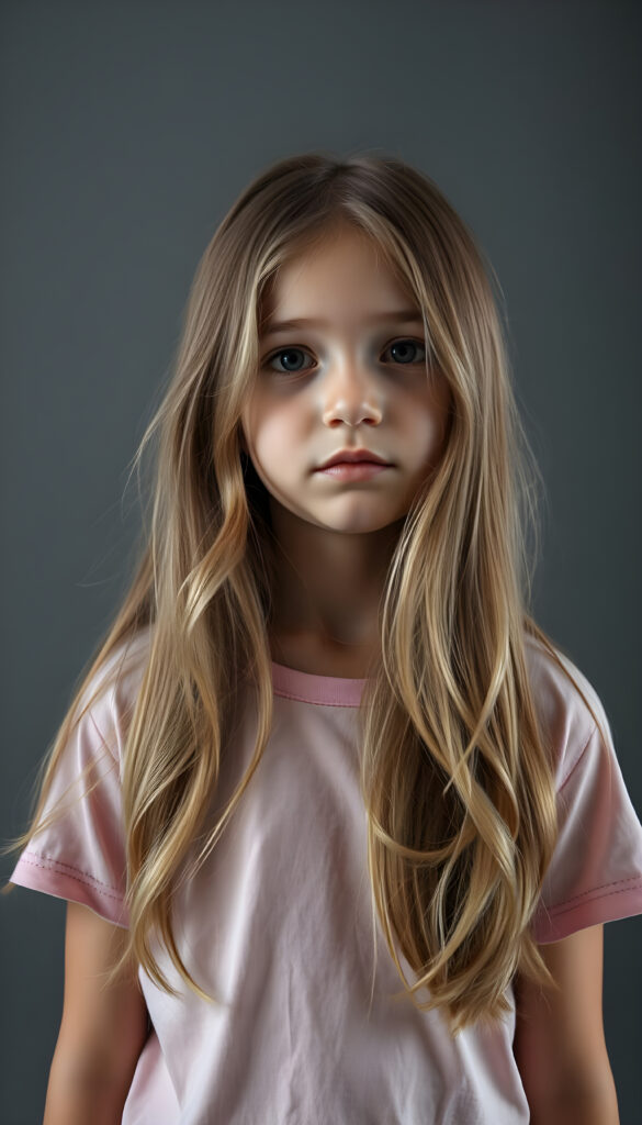 upper body 1:3 portrait from a young stunning nerd girl with long, wavy hazelnut hair, same length left and right, standing in front. The girl is wearing a flowing, colorful thin high cut t-shirt and a round long skirt. Empty grey backdrop.