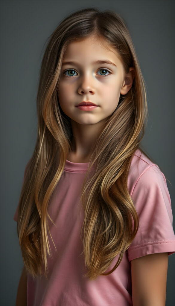 upper body 1:3 portrait from a young stunning nerd girl with long, wavy hazelnut hair, same length left and right, standing in front. The girl is wearing a flowing, colorful thin high cut t-shirt and a round long skirt. Empty grey backdrop.