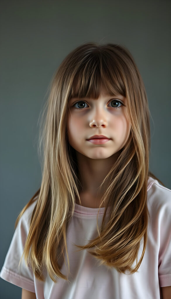 upper body 1:3 portrait from a young stunning nerd girl with long, wavy hazelnut hair, same length left and right, standing in front. The girl is wearing a flowing, colorful thin high cut t-shirt and a round long skirt. Empty grey backdrop.