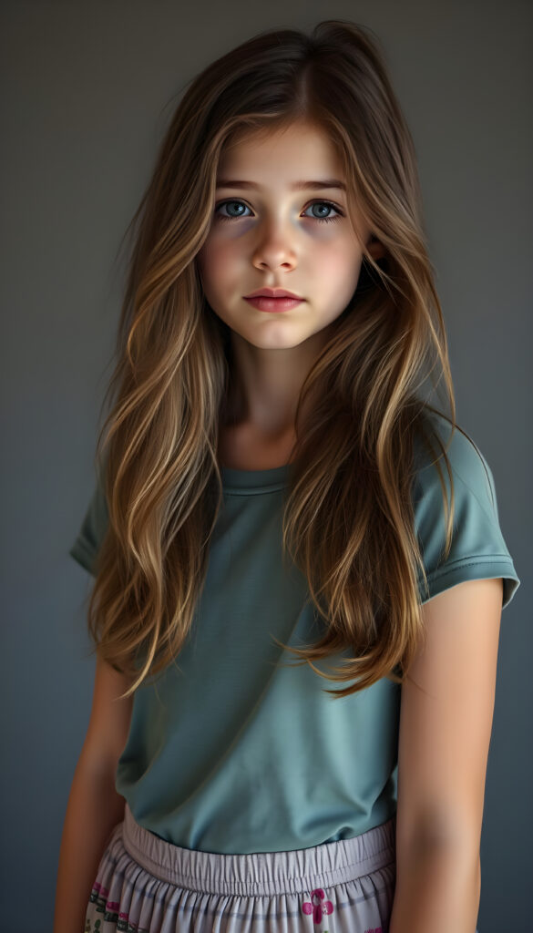 upper body 1:3 portrait from a young stunning nerd girl with long, wavy hazelnut hair, same length left and right, standing in front. The girl is wearing a flowing, colorful thin high cut t-shirt and a round long skirt. Empty grey backdrop.