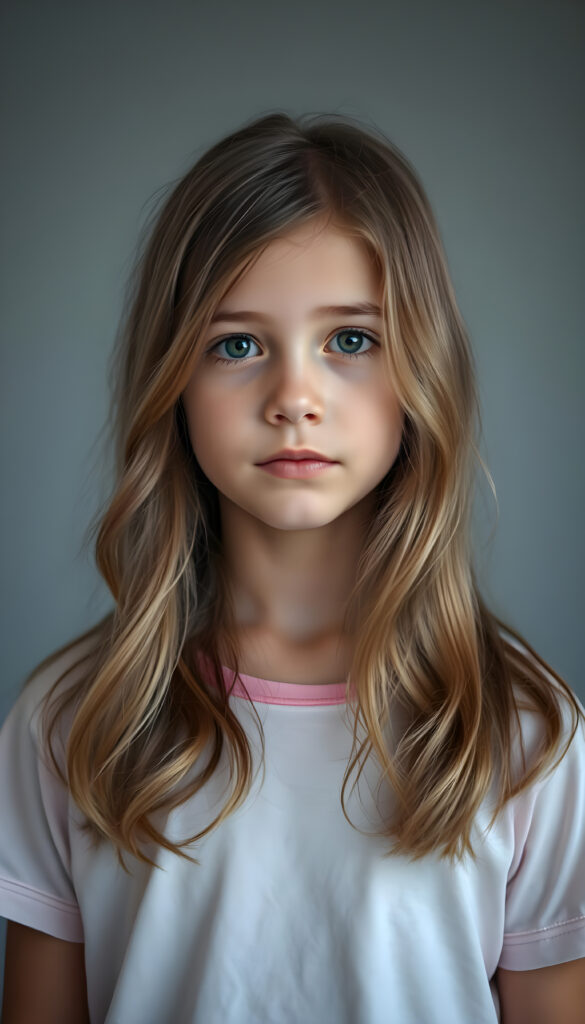 upper body 1:3 portrait from a young stunning nerd girl with long, wavy hazelnut hair, same length left and right, standing in front. The girl is wearing a flowing, colorful thin high cut t-shirt and a round long skirt. Empty grey backdrop.
