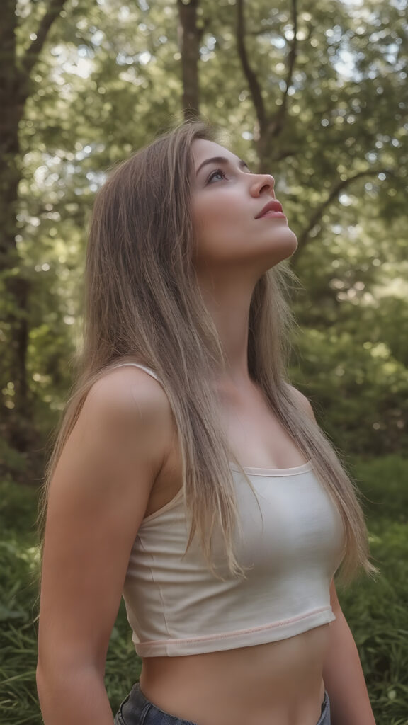 upper body, a young adult teen girl in a green, sunny park, wearing a light, thin cropped tank top. She is looking up at the sky. Her long, straight hair falls down her back, side, she has a perfect curved body