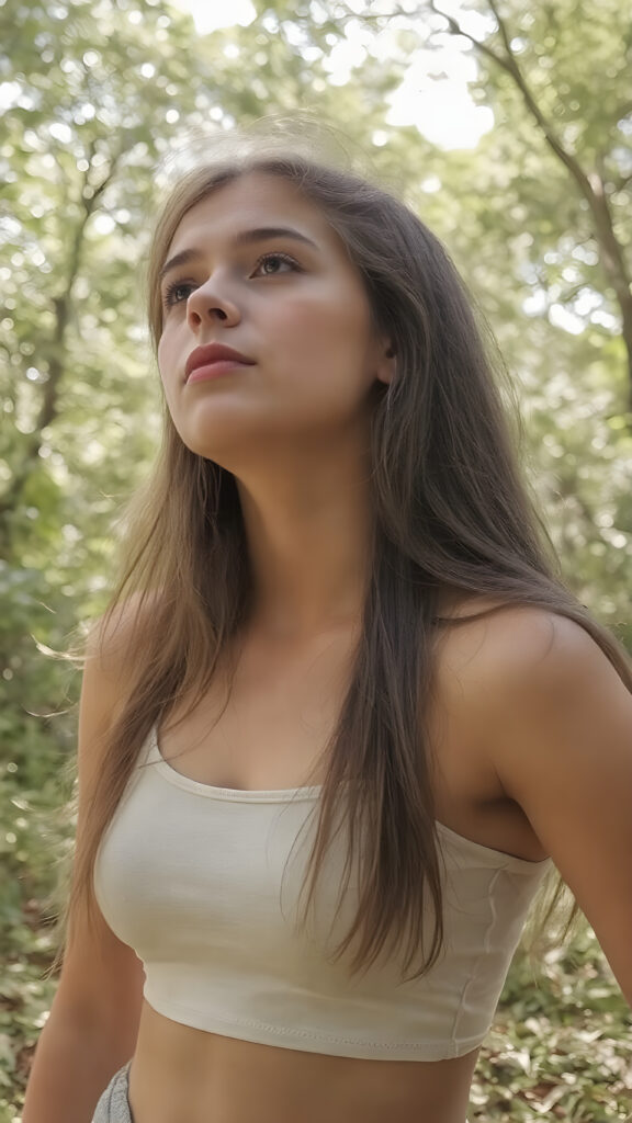 upper body, a young adult teen girl in a green, sunny park, wearing a light, thin cropped tank top. She is looking up at the sky. Her long, straight hair falls down her back, side, she has a perfect curved body