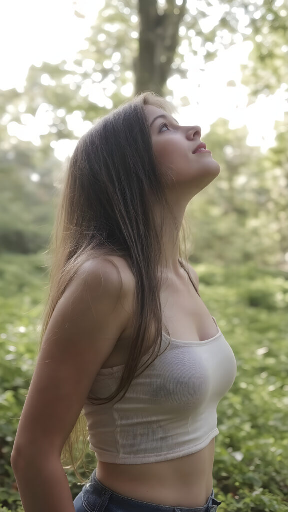 upper body, a young adult teen girl in a green, sunny park, wearing a light, thin cropped tank top. She is looking up at the sky. Her long, straight hair falls down her back, side, she has a perfect curved body
