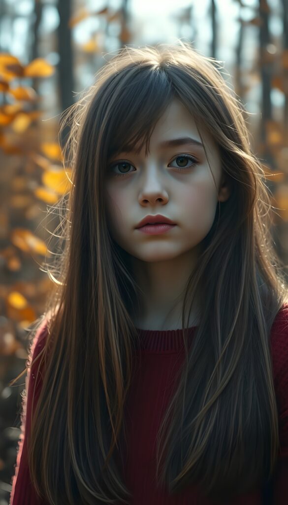 upper body photo from a young girl, with a sad expression and full plump lips, stands in an autumn forest. She has soft, long straight hazelnut brown hair with golden highlights. She is wearing a cozy red sweater, and her amber eyes are filled with tears. The forest around her is filled with colorful leaves, and the sky is filled with soft sunlight.