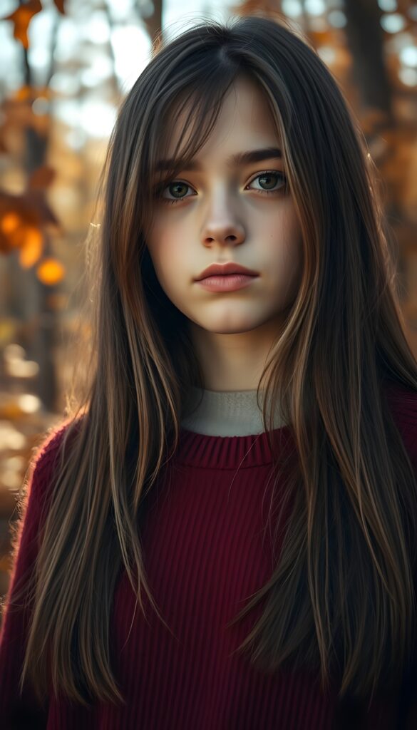 upper body photo from a young girl, with a sad expression and full plump lips, stands in an autumn forest. She has soft, long straight hazelnut brown hair with golden highlights. She is wearing a cozy red sweater, and her amber eyes are filled with tears. The forest around her is filled with colorful leaves, and the sky is filled with soft sunlight.