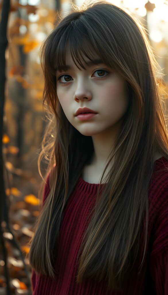 upper body photo from a young girl, with a sad expression and full plump lips, stands in an autumn forest. She has soft, long straight hazelnut brown hair with golden highlights. She is wearing a cozy red sweater, and her amber eyes are filled with tears. The forest around her is filled with colorful leaves, and the sky is filled with soft sunlight.