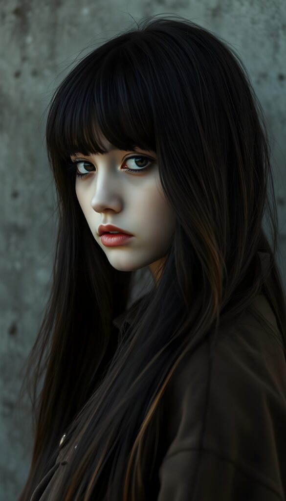 a (((stunningly teen emo girl))) with (((incredibly long, soft silky black straight hair and brown highlights frame her round face, bangs))), framed by a (((gray concrete backdrop))), reflecting a ((sad expression))) that suggests the weight of the world resting on her shoulders, amber eyes. Realistic, Detailed, HDR. All against a bare concrete wall. Side view. She looks slightly over her shoulders. A seductive touch. Full kissable red lips.