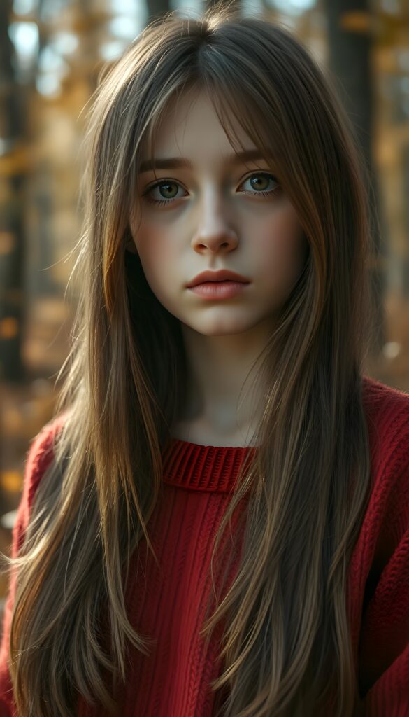 upper body photo from a young girl, with a sad expression and full plump lips, stands in an autumn forest. She has soft, long straight hazelnut brown hair with golden highlights. She is wearing a cozy red sweater, and her amber eyes are filled with tears. The forest around her is filled with colorful leaves, and the sky is filled with soft sunlight.