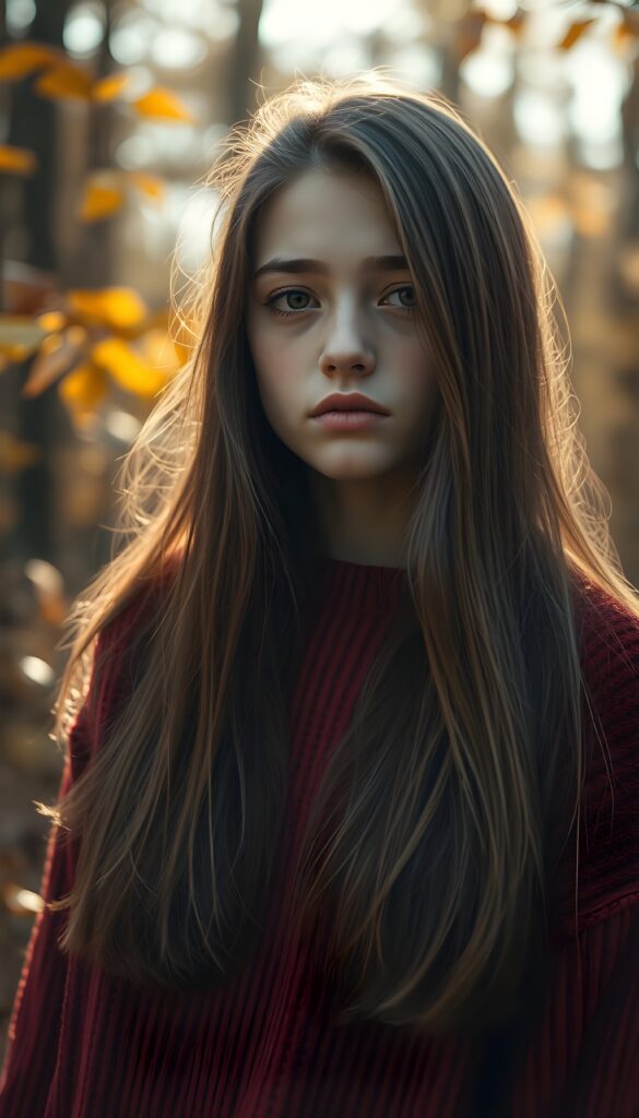 upper body photo from a young girl, with a sad expression and full plump lips, stands in an autumn forest. She has soft, long straight hazelnut brown hair with golden highlights. She is wearing a cozy red sweater, and her amber eyes are filled with tears. The forest around her is filled with colorful leaves, and the sky is filled with soft sunlight.