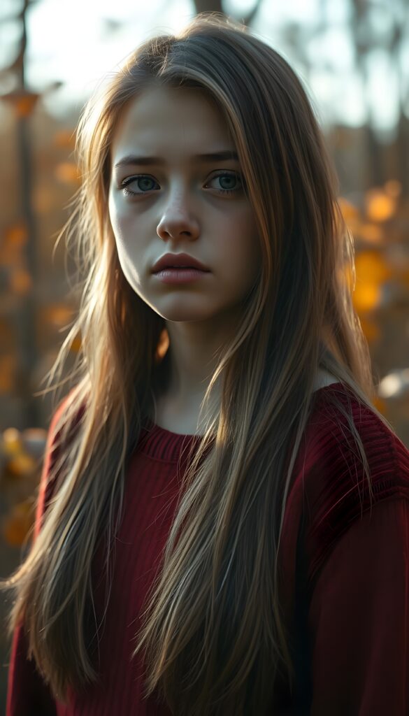 upper body photo from a young girl, with a sad expression and full plump lips, stands in an autumn forest. She has soft, long straight hazelnut brown hair with golden highlights. She is wearing a cozy red sweater, and her amber eyes are filled with tears. The forest around her is filled with colorful leaves, and the sky is filled with soft sunlight.