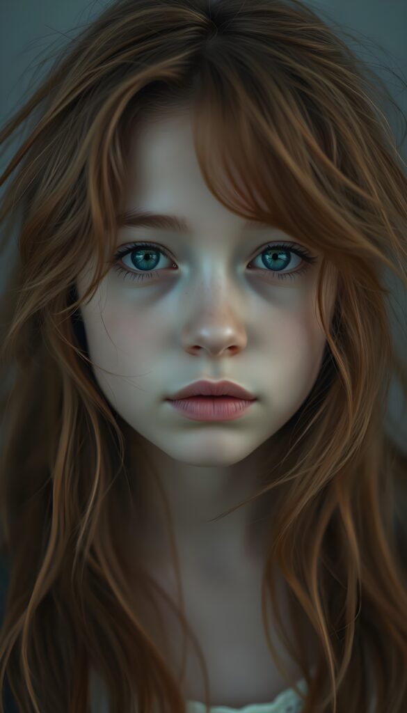 upper body portrait shot, a innocent teen girl with a round face, tousled, frizzy long copper hair, full lips and deep blue eyes, super realistic face, grey backdrop