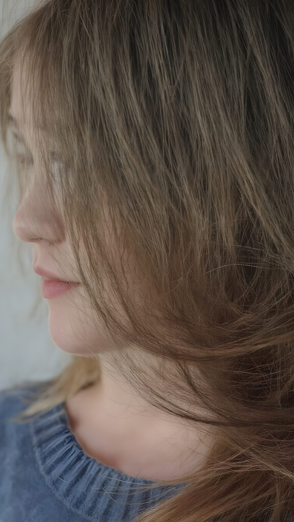 upper body portrait from a (((beautiful young girl))), age 17, with flowing, (((soft long straight brown hair))), that convey a sense of innocence and wonder, paired with delicate, ((almond skin)), which gives off a faintly pink glow. She is dressed in a sleek, ((blue sweater made of fine wool)), exuding just the right amount of youthful charm, ((view from the side))