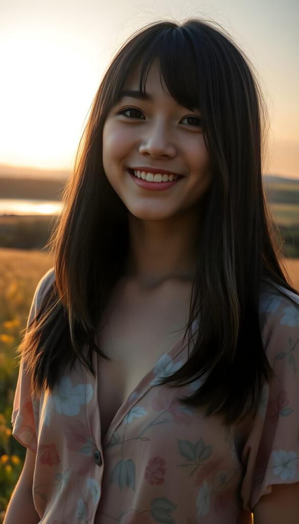 upper body portrait from a young Asian teenage girl well busty with straight shoulder length obsidian black hair and white highlights, bob cut and flawless skin stands in a sunlit meadow, wearing a vibrant, floral-patterned shirt that billows gently in the breeze, deep n-neck. Her eyes sparkle with joy, and her smile is warm and inviting. Behind her, a picturesque landscape unfolds, with rolling hills, a crystal-clear lake, and a soft, golden sunset painting the sky with hues of orange and pink. The scene is imbued with a sense of serenity and happiness, capturing the essence of a perfect summer day.