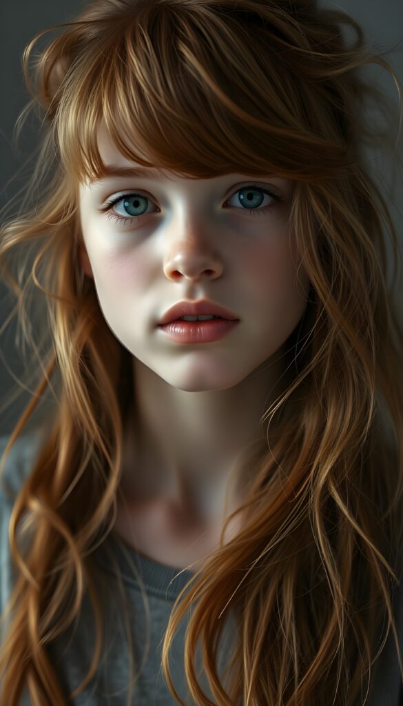 upper body portrait shot, a innocent teen girl with a round face, tousled, frizzy long copper hair, full lips and deep blue eyes, super realistic face, grey backdrop