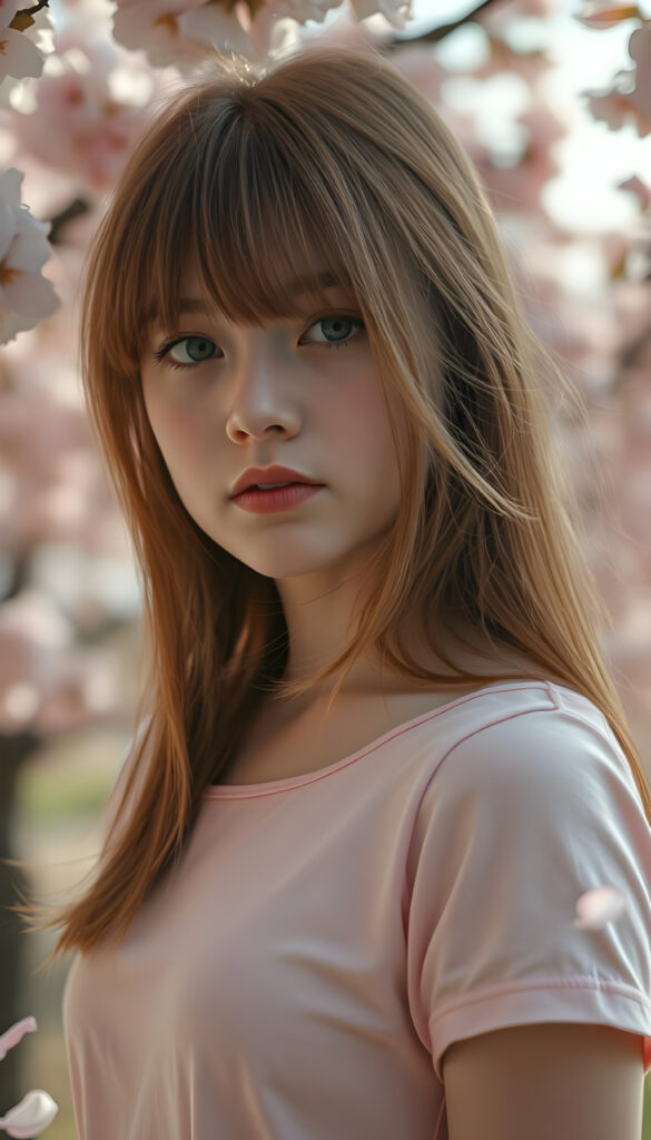upper-body portrait, a whimsical scene featuring a serene red-haired teen girl with straight hair flowing gently in the breeze, dressed in a delicate light pink, fitted t-shirt adorned with subtle lace details. She is posing, surrounded by blooming cherry blossom trees, with petals drifting gracefully around her. Her expression radiates innocence and curiosity, capturing the essence of a dreamy spring afternoon, reminiscent of a watercolor painting in the style of Claude Monet.