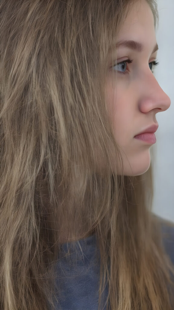 upper body portrait from a (((beautiful young girl))), age 17, with flowing, (((soft long straight brown hair))), that convey a sense of innocence and wonder, paired with delicate, ((almond skin)), which gives off a faintly pink glow. She is dressed in a sleek, ((blue sweater made of fine wool)), exuding just the right amount of youthful charm, ((view from the side))